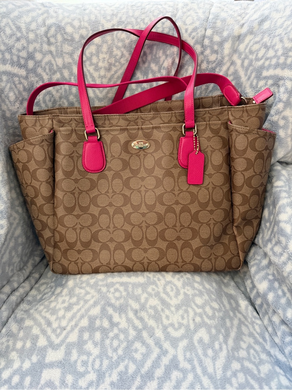 Coach Brown Signature Canvas Tote with Pink Trim and Straps